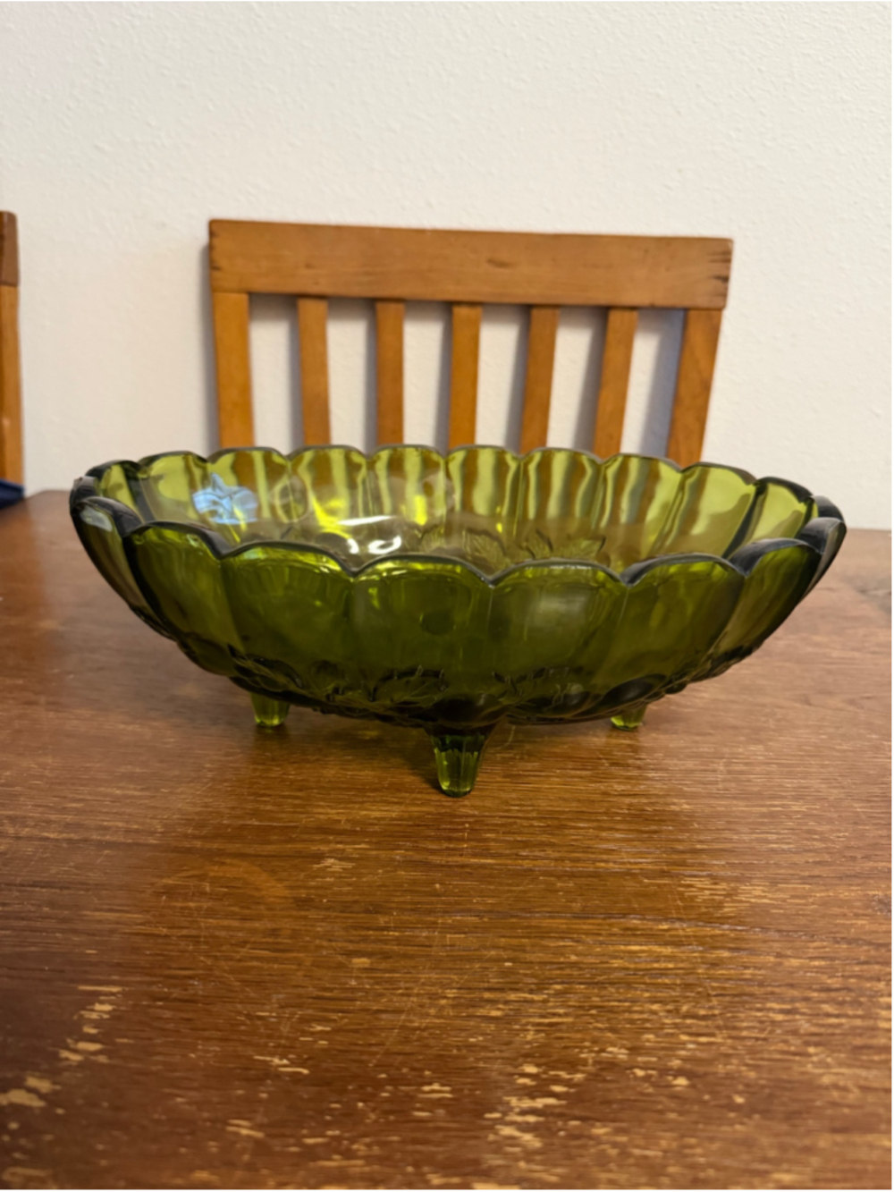 Vintage Indiana Glass Olive Green Footed Fruit Bowl Grape Leaf 11" Heavy